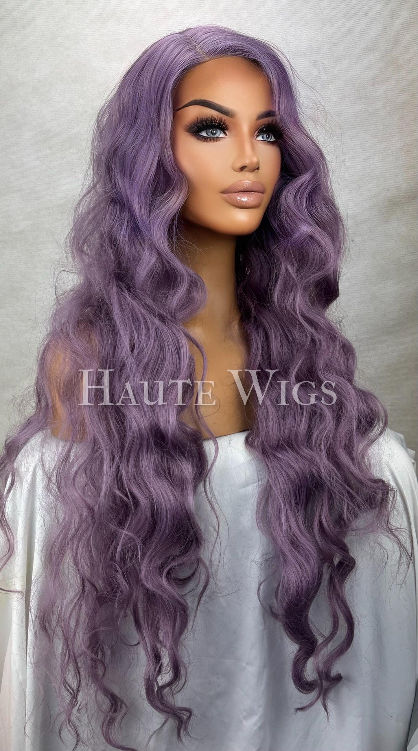 Zuzu 38 inch Lilac Light Violet Wig Long Wavy side parting HD Lace Front Human Hair Blends Wig Gift for her Ladies Womens Wigs