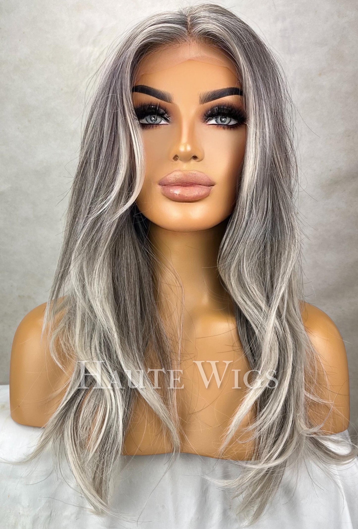 Gray Free Part Silver Ash Blonde Balayage Wig: 20 Inch Straight Lace Front Wig Grey Haute wigs baby 6 x 14 lace