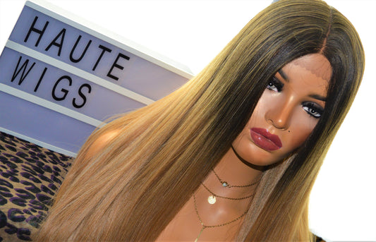 Valentina XXX Long 40 Inches Lace Front Straight Wig Ombre Black To Dark Blonde Human Hair