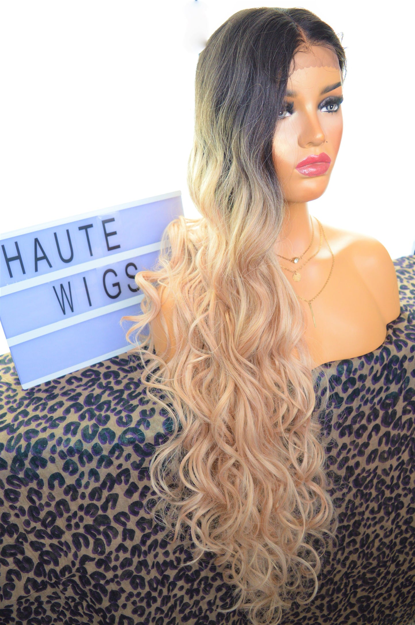 Kandee XXX 40 Inches Long Curly Wavy Lace Front Human Hair Womens Wig Ombre Platinum Blonde Rose Gold Ladies Wigs