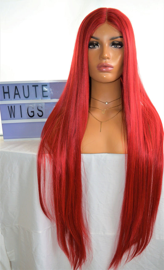 Erotic Red XXX Long 40 Inches Lace Front Human Hair Womens Wig Ladies Sexy Red Luxury Baby Hairs Center Parting Straight Wigs