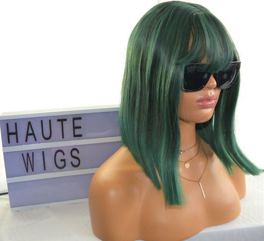 EMERALD GREEN Blunt Cut Wig Straight Layered  Short Unisex Womens Wig BOB Synthetic Hair Dark Fringe Bangs Heat Resistant