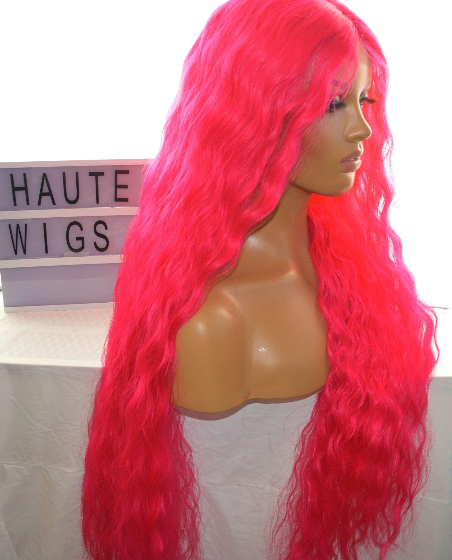 NEON ELECTRIC Pink Wavy XXX Long 42 Inches Lace Front Wig Deep Rich Fuchsia Pink Stunning Human Hair Curly Center Parting Baby Hairs
