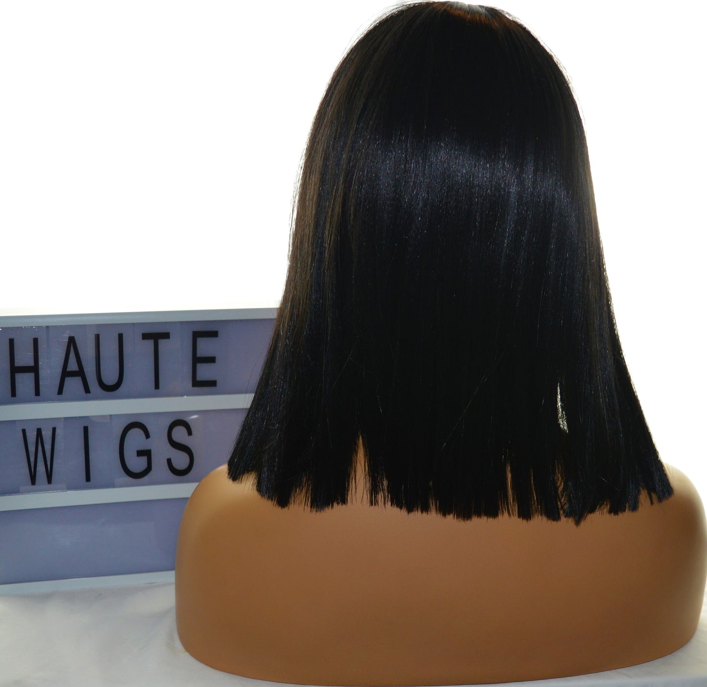 Jet Black Blunt Sharp Straight Short BOB Womens Wig 14 Inch Fringe Bangs Human Hair Blends Ladies Wigs