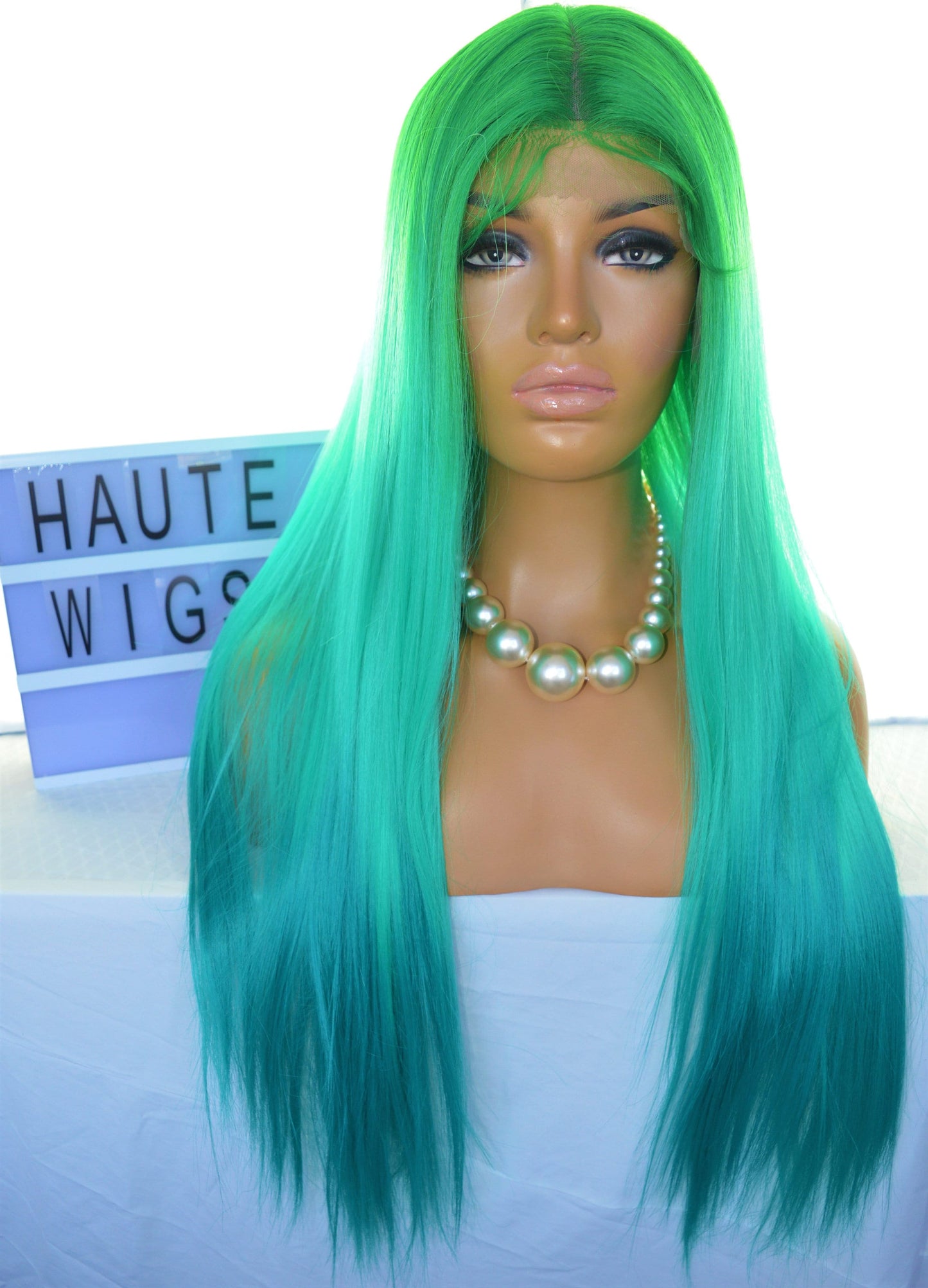 28 Inch Ombre Bright Neon Green Teal Turquoise Blue Gradient Wig Lace Front Long Straight Human Hair Blends Wigs Ladies Eye Catching