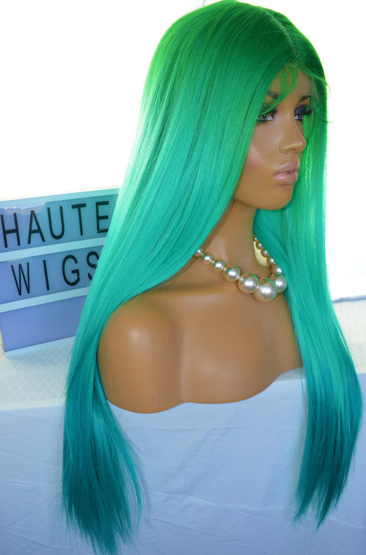 28 Inch Ombre Bright Neon Green Teal Turquoise Blue Gradient Wig Lace Front Long Straight Human Hair Blends Wigs Ladies Eye Catching