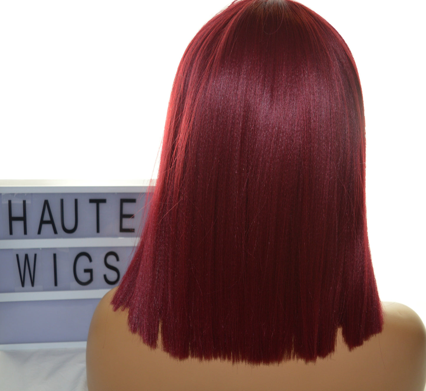 Sharp & Straight Short BOB Womens Wig 14 Inch Burgundy Rich Deep Dark Red With Fringe Bangs Human Hair Blends Ladies Wigs Blunt Cut