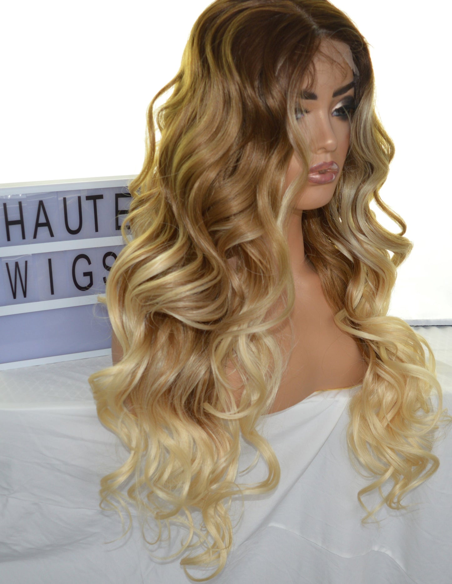 Sexy Long Wig Ombre Brown With Blonde Highlights Streaks Balayage Curly Free Part Lace Front Wavy Human Hair Synthetic Blends Womens Wigs