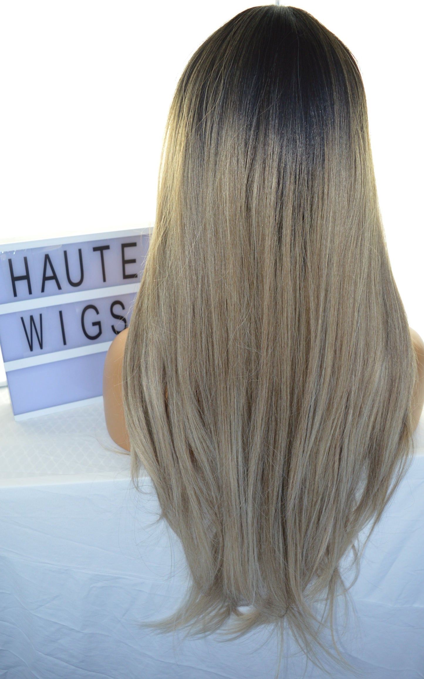 Elegant 26 Inch Ombre Ash Blonde Cool Silver Tone Long Straight Layered Wig Fringe Bangs New Synthetic Human Hair Blends No Lace Front