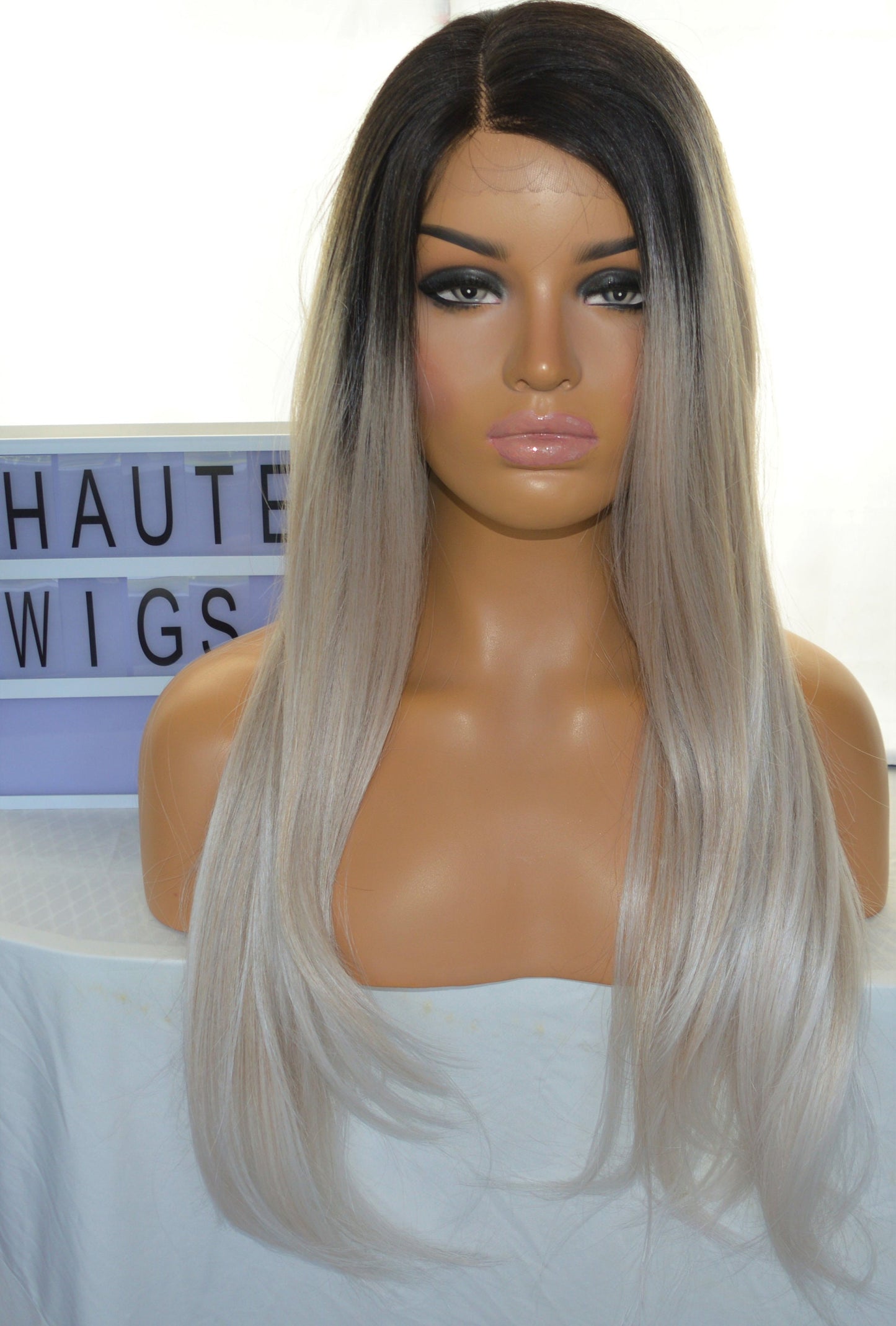 24 Inches Long Luxury Lace Front Human Hair Blends Wig Womens Side Parting Wigs Platinum Silver Blonde Ombre Hair Gift For Her