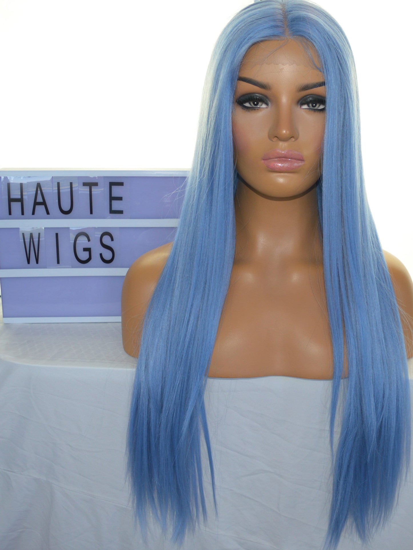 Azura Icy Baby Sky Blue Wig Straight Light Blue Wig Lace Front T Part Human Hair Blends Synthetic Wig Ladies Womens Luxury Wigs