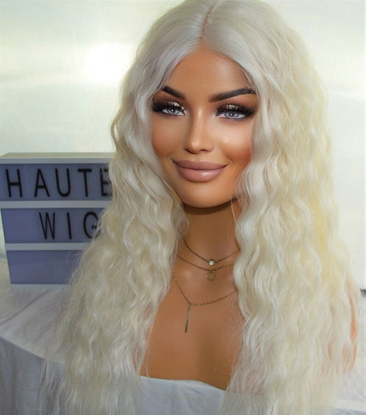 Wavy Curly Long Wig Lace Front Center Part Ice Platinum Peroxide Blonde Human Hair Blends