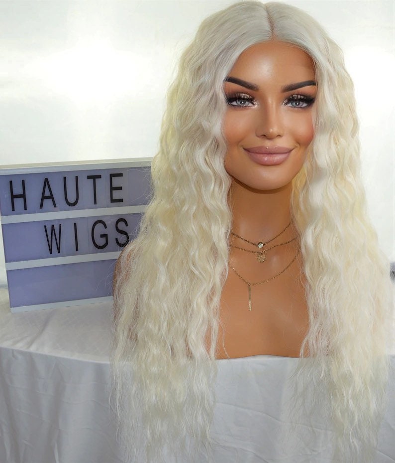 Wavy Curly Long Wig Lace Front Center Part Ice Platinum Peroxide Blonde Human Hair Blends