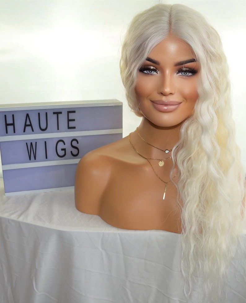 Wavy Curly Long Wig Lace Front Center Part Ice Platinum Peroxide Blonde Human Hair Blends