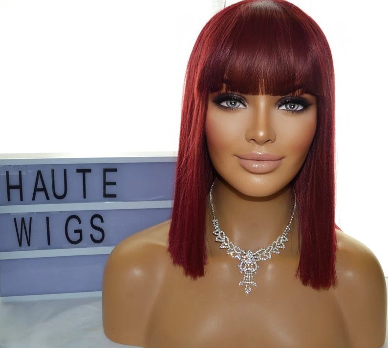 Sharp & Straight Short BOB Womens Wig 14 Inch Burgundy Rich Deep Dark Red With Fringe Bangs Human Hair Blends Ladies Wigs Blunt Cut