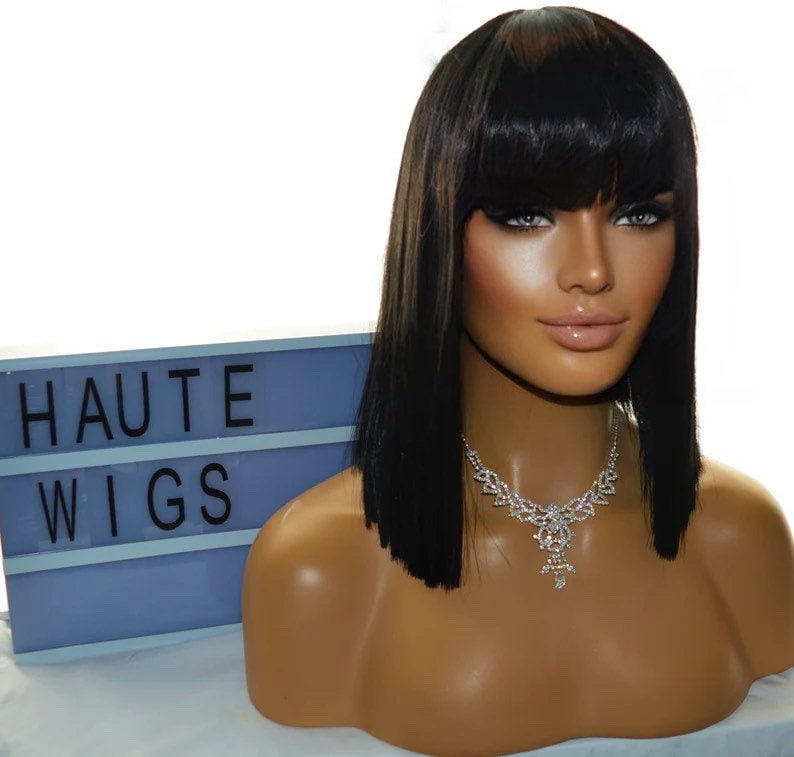 Jet Black Blunt Sharp Straight Short BOB Womens Wig 14 Inch Fringe Bangs Human Hair Blends Ladies Wigs