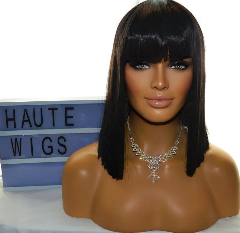 Jet Black Blunt Sharp Straight Short BOB Womens Wig 14 Inch Fringe Bangs Human Hair Blends Ladies Wigs