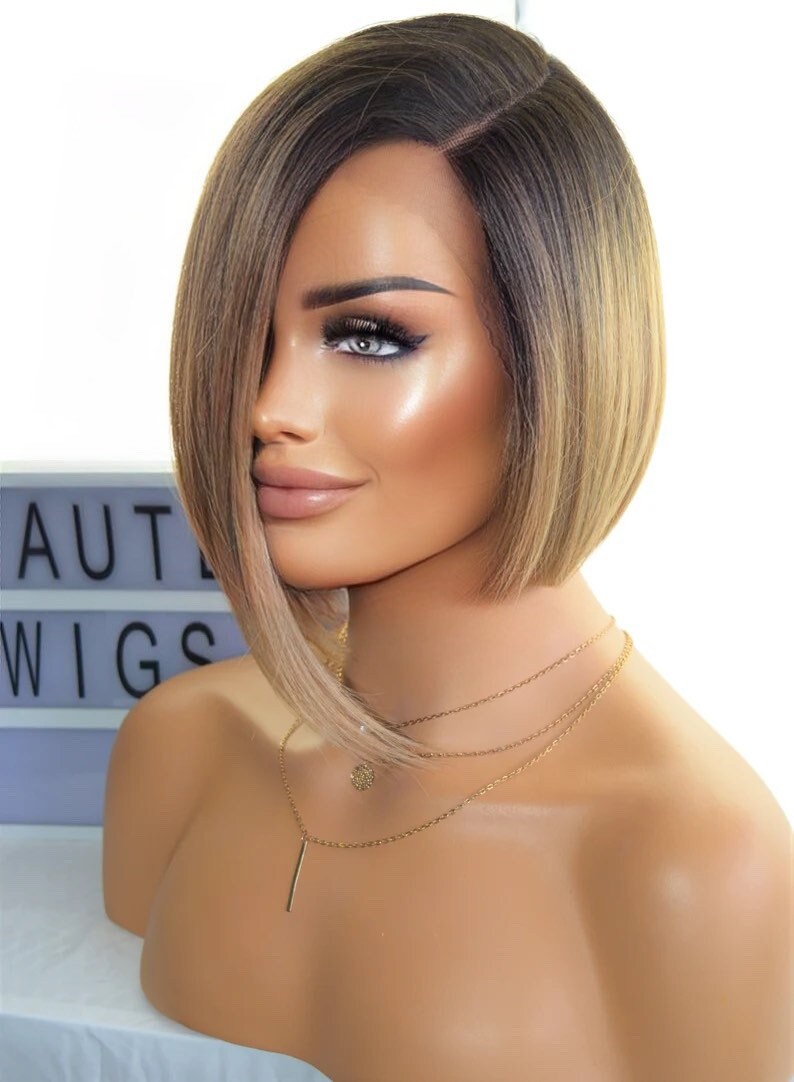 Lace Front 14 Inch Short Side Parting BOB Human Hair Wig Slanted Layered Ombre Womens Pixie Hair Cut With Fringe / Bangs Ladies Wigs