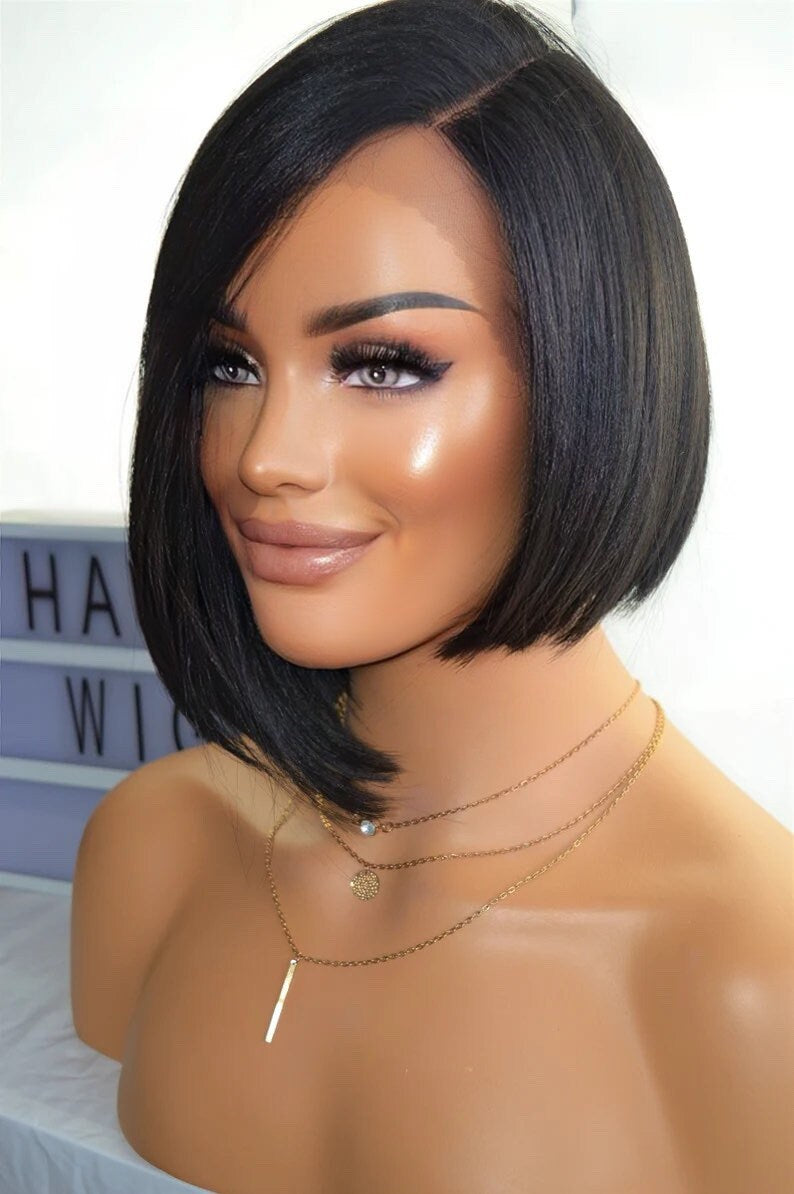 Black Lace Front 14 Inch Short Side Parting BOB Human Hair Wig Slanted Layered Womens Pixie Hair Cut With Fringe / Bangs Ladies Wigs