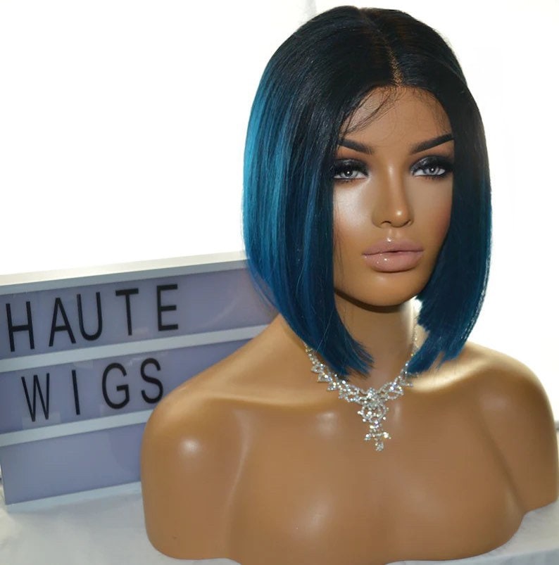 Deep Sea Midnight BLUE Ombre Short Bob XXX 12 Inches Lace Front Human Hair Womens Wig Ladies Sexy Luxury Baby Hairs Center Parting Straight