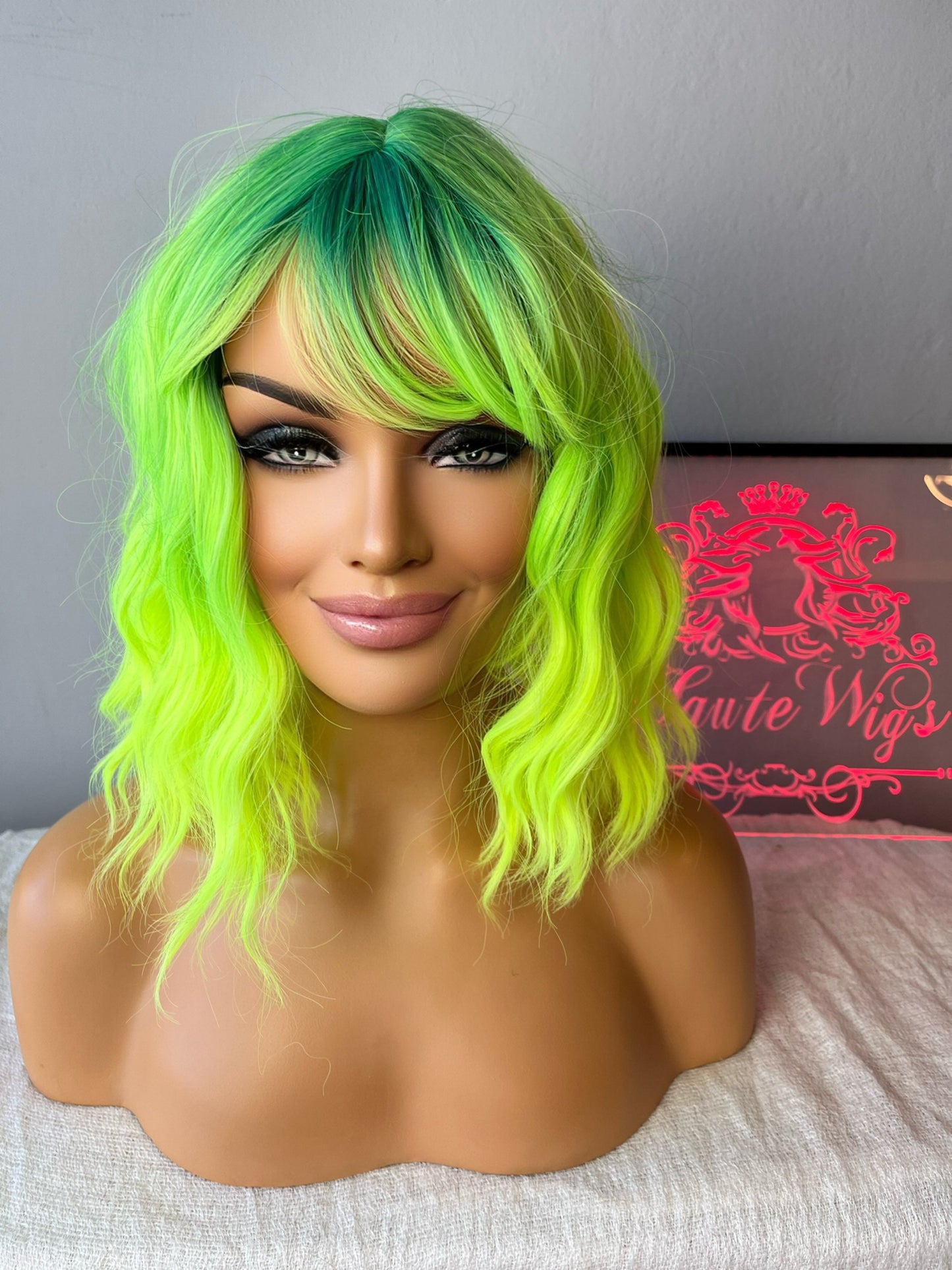 BRIGHT 14 Inch Neon Lemon Green Yellow RARE Bangs Fringe Wig No Lace Front Long Wavy Curly Wigs Ladies Eye Catching