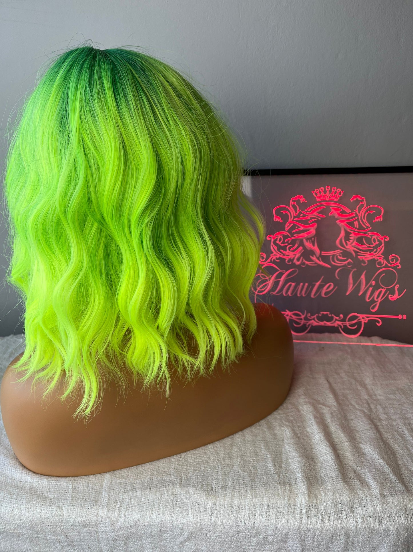 BRIGHT 14 Inch Neon Lemon Green Yellow RARE Bangs Fringe Wig No Lace Front Long Wavy Curly Wigs Ladies Eye Catching