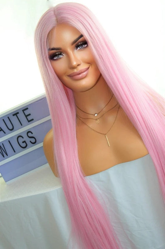 Angel XXX Long 40 Inches Lace Front Human Hair Womens Wig Ladies Cotton Candy Light Pink Luxury Baby Hairs Center Parting Straight Wigs