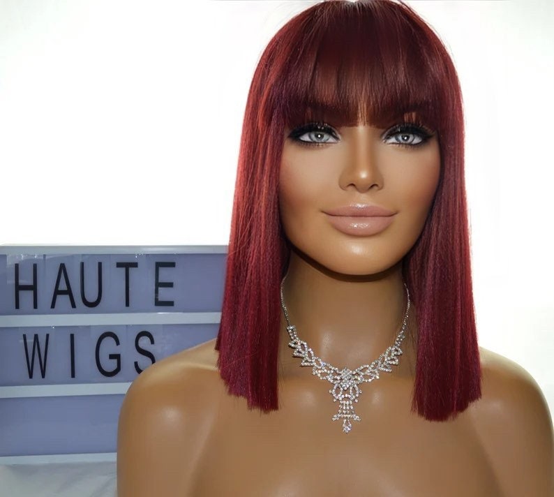 Sharp & Straight Short BOB Womens Wig 14 Inch Burgundy Rich Deep Dark Red With Fringe Bangs Human Hair Blends Ladies Wigs Blunt Cut