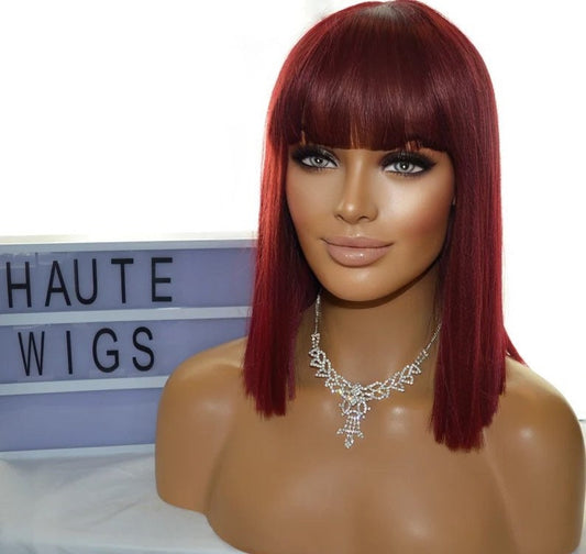 Sharp & Straight Short BOB Womens Wig 14 Inch Burgundy Rich Deep Dark Red With Fringe Bangs Human Hair Blends Ladies Wigs Blunt Cut