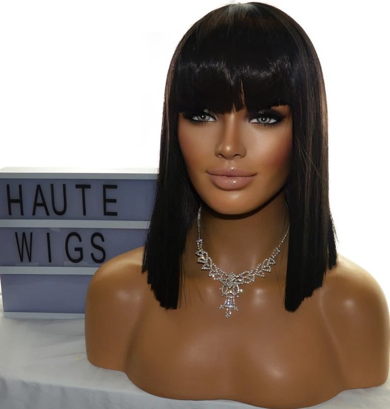 Jet Black Blunt Sharp Straight Short BOB Womens Wig 14 Inch Fringe Bangs Human Hair Blends Ladies Wigs