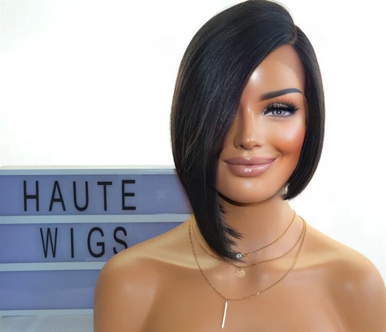 Black Lace Front 14 Inch Short Side Parting BOB Human Hair Wig Slanted Layered Womens Pixie Hair Cut With Fringe / Bangs Ladies Wigs