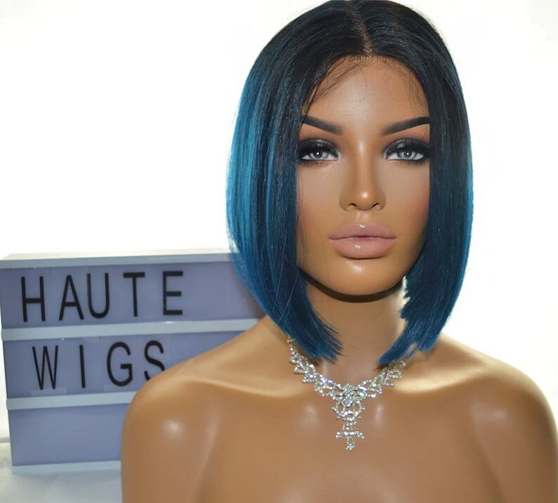 Deep Sea Midnight BLUE Ombre Short Bob XXX 12 Inches Lace Front Human Hair Womens Wig Ladies Sexy Luxury Baby Hairs Center Parting Straight