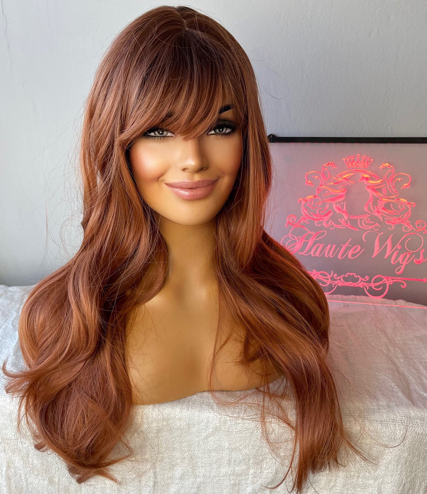 AUBURN Copper Wig With Bangs / Fringe Long Deep Golden Ginger Brown Layered Silky Wavy Curly Ladies Womens Wigs No Lace Front