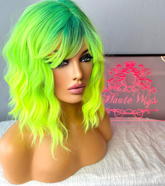 BRIGHT 14 Inch Neon Lemon Green Yellow RARE Bangs Fringe Wig No Lace Front Long Wavy Curly Wigs Ladies Eye Catching