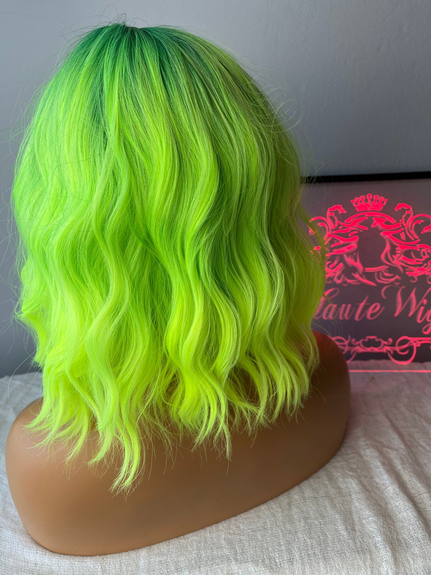 BRIGHT 14 Inch Neon Lemon Green Yellow RARE Bangs Fringe Wig No Lace Front Long Wavy Curly Wigs Ladies Eye Catching