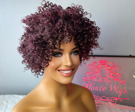 Fun Dark Cherry Red VERY Curly Wig | Water Waves | Jerry Curl | Vegan Synthetic | No Lace Front | Fancy Dress | Celebrity Spoof Wig