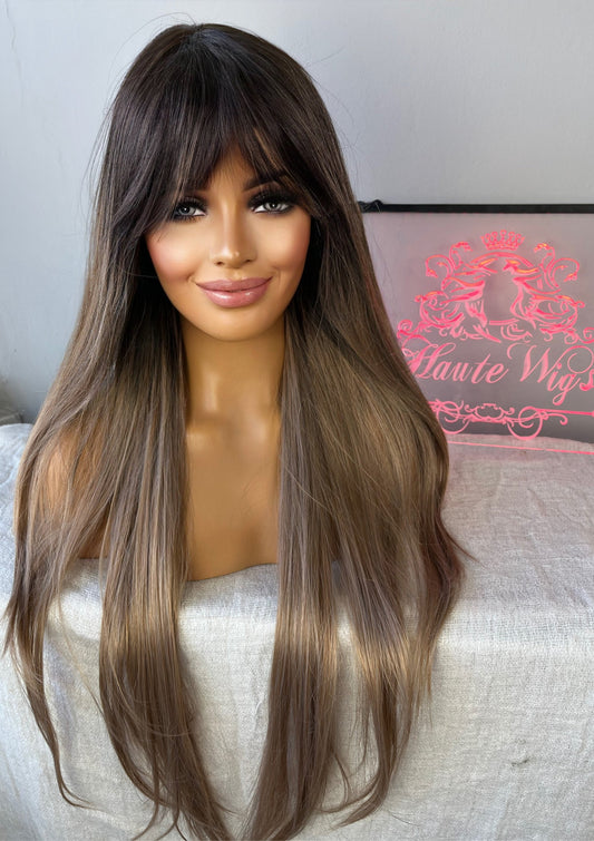30 Inch Long Dark Blonde Ombre Brunette Brown Womens Wig Hair Fringe / Bangs Straight ombre Synthetic Hair Amazing Feel