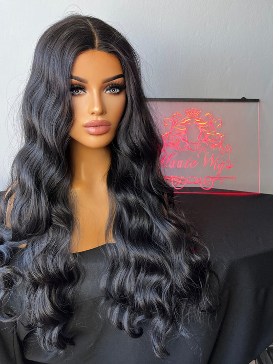 Kim Kardashian Inspired Wavy xxx Long 36 Inches NoLace Front Wig Deep Black Stunning Human Hair Synthetic Blends mix Curly Beautiful Density