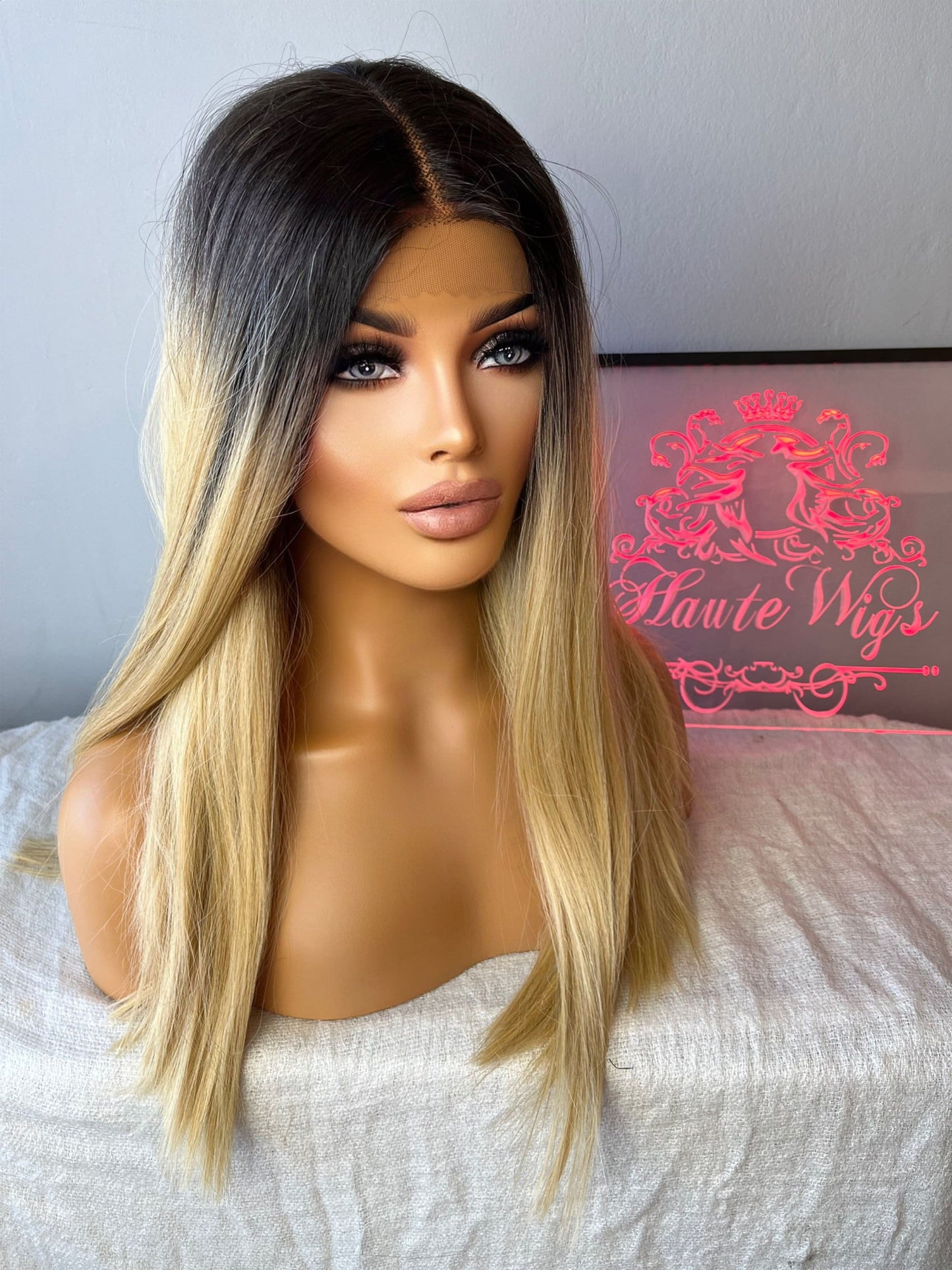 20 Inch Long Straight Blonde Dark Roots Ombre Wig Womens Ladies Lace Front Human Hair Synthetic Blend Wigs Center Parting