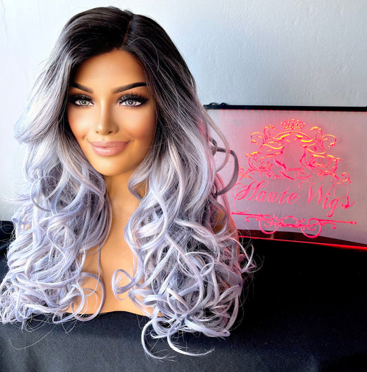 Wavy Long 22 Inch Human Hair synthetic Mix Blends Lace Front Womens Wig Silver Grey Ombre Brazilian Body Wave Ladies Style Wigs Side Parting