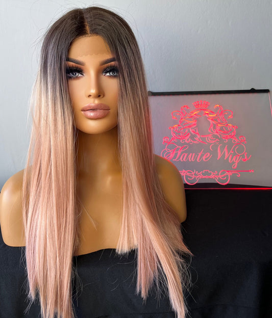 20 Inch Long Straight Rose Gold Pink Dark Roots Ombre Wig Womens Ladies Lace Front Human Hair Synthetic Blend Wigs Center Parting