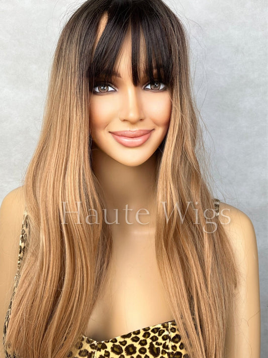 Dark Roots Brunette Brown Ombre 20 Inch Women Long Wig 100% Synthetic Hair Fringe Bangs Straight Wavy Heat Resistant Highlights Balayage