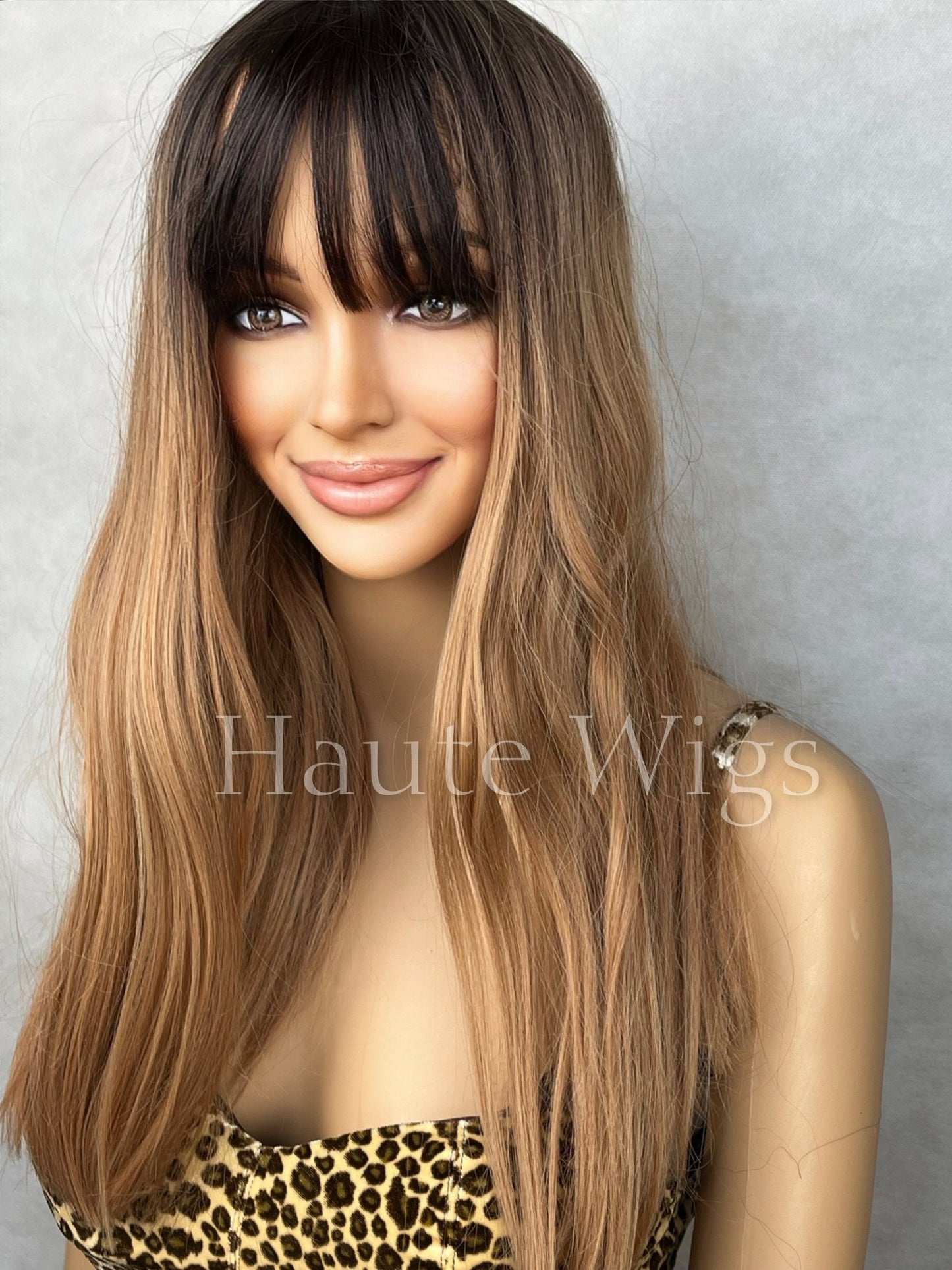 Dark Roots Brunette Brown Ombre 20 Inch Women Long Wig 100% Synthetic Hair Fringe Bangs Straight Wavy Heat Resistant Highlights Balayage