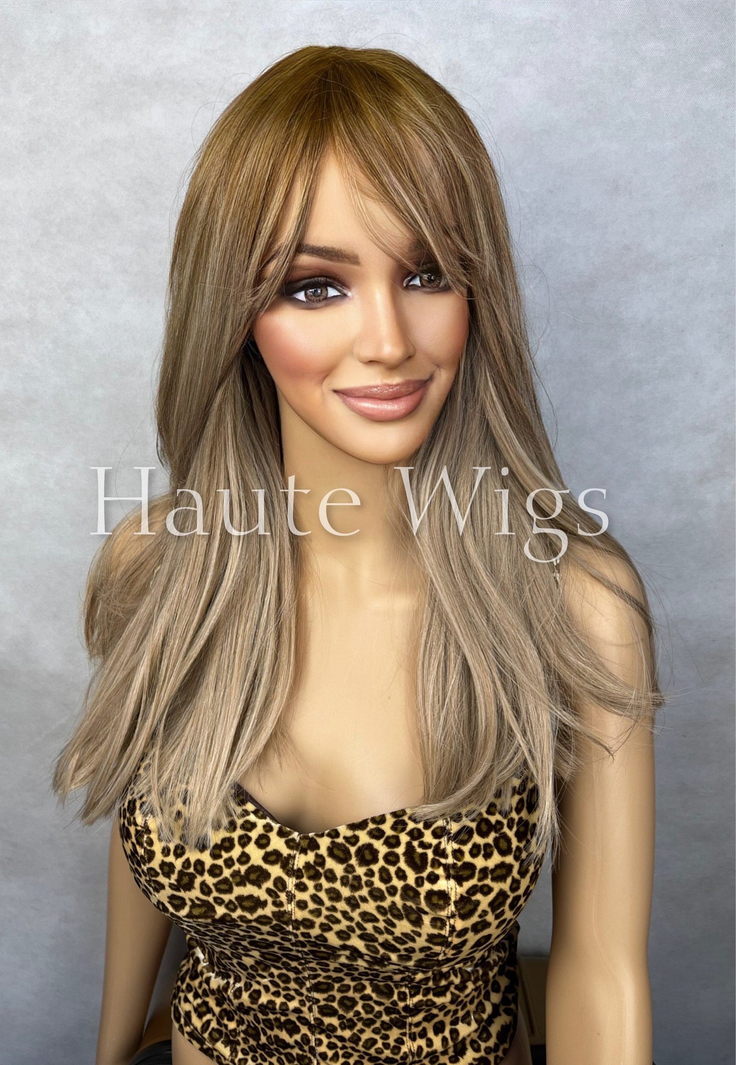 Golden Roots Light Brown Blonde Ombre 20 Inch Women Long Wig 100% Synthetic Hair Fringe Bangs Straight Wavy Heat Resistant Highlights