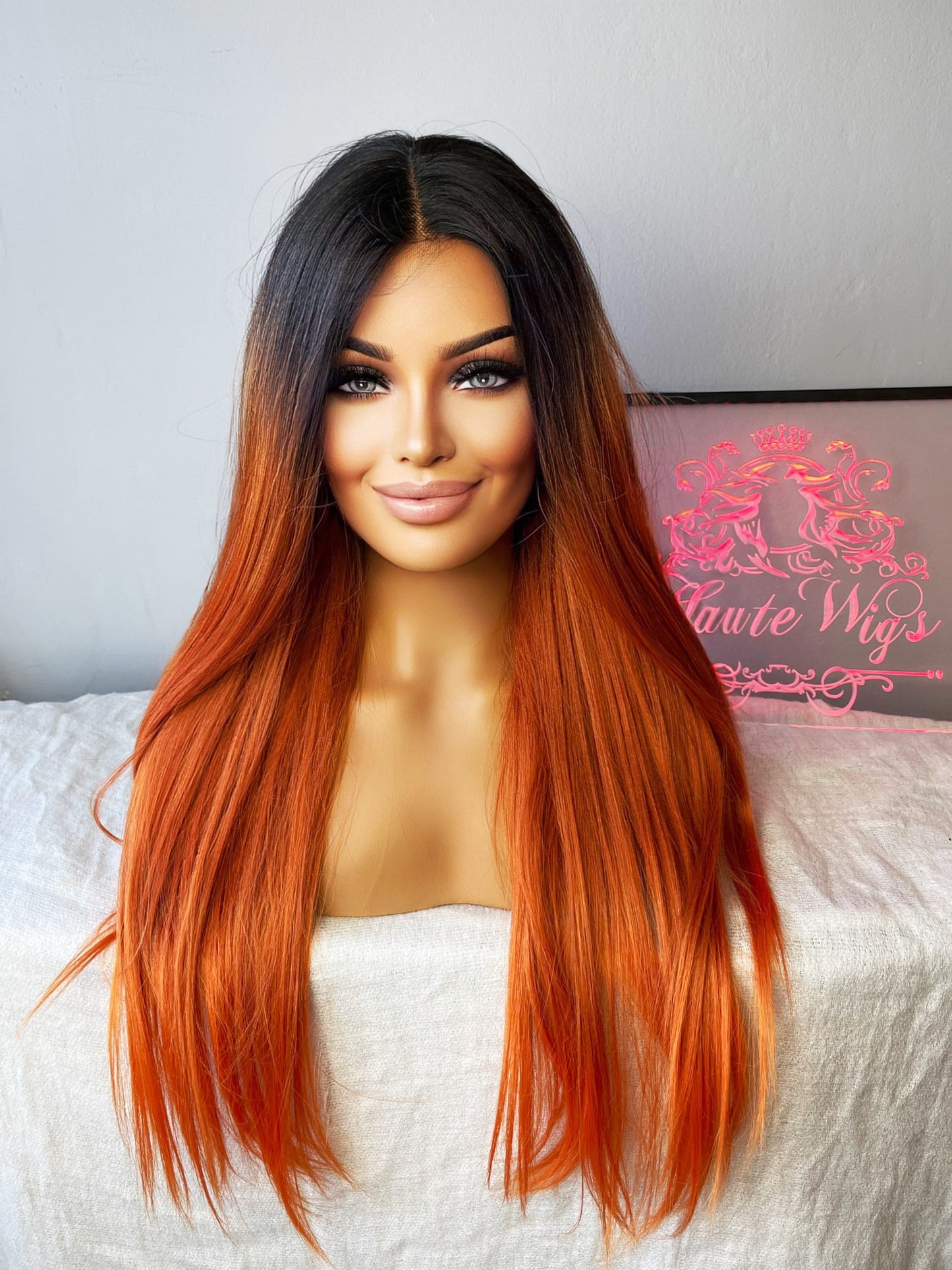 Embers OMBRE Long Straight Lace Front Human Hair Blends Womens Wig Ladies Deep Copper Ginger Brown Luxury Baby Hairs Center Parting Orange