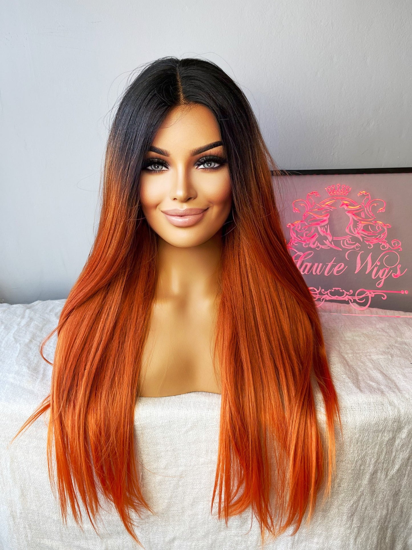 AUBURN OMBRE Long Straight Lace Front Human Hair Blends Womens Wig Ladies Deep Copper Ginger Brown Luxury Baby Hairs Center Parting Orange