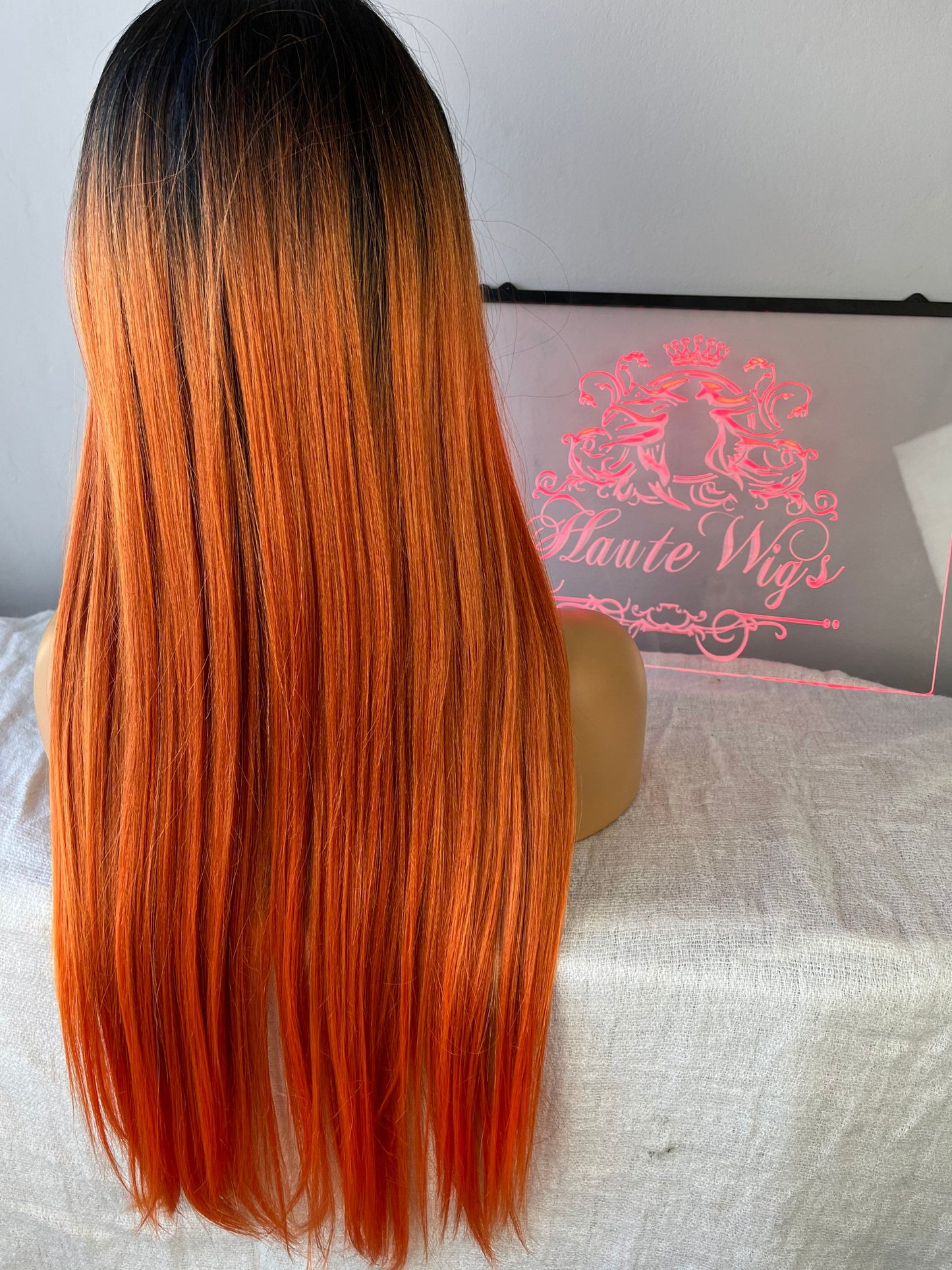 Embers OMBRE Long Straight Lace Front Human Hair Blends Womens Wig Ladies Deep Copper Ginger Brown Luxury Baby Hairs Center Parting Orange