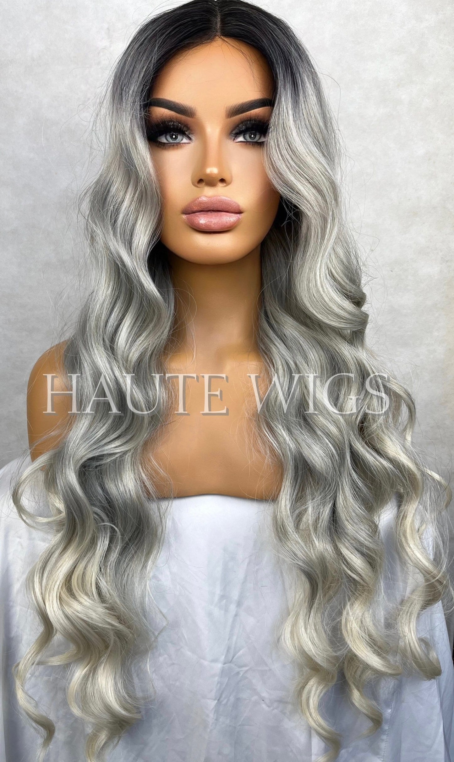 WAVY 38 Inches Long Luxury No Lace Front Human Hair Blends Wig Womens center Parting Wigs Platinum Silver Blonde Ombre Hair Gift For Her