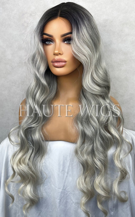 WAVY 38 Inches Long Luxury No Lace Front Human Hair Blends Wig Womens center Parting Wigs Platinum Silver Blonde Ombre Hair Gift For Her