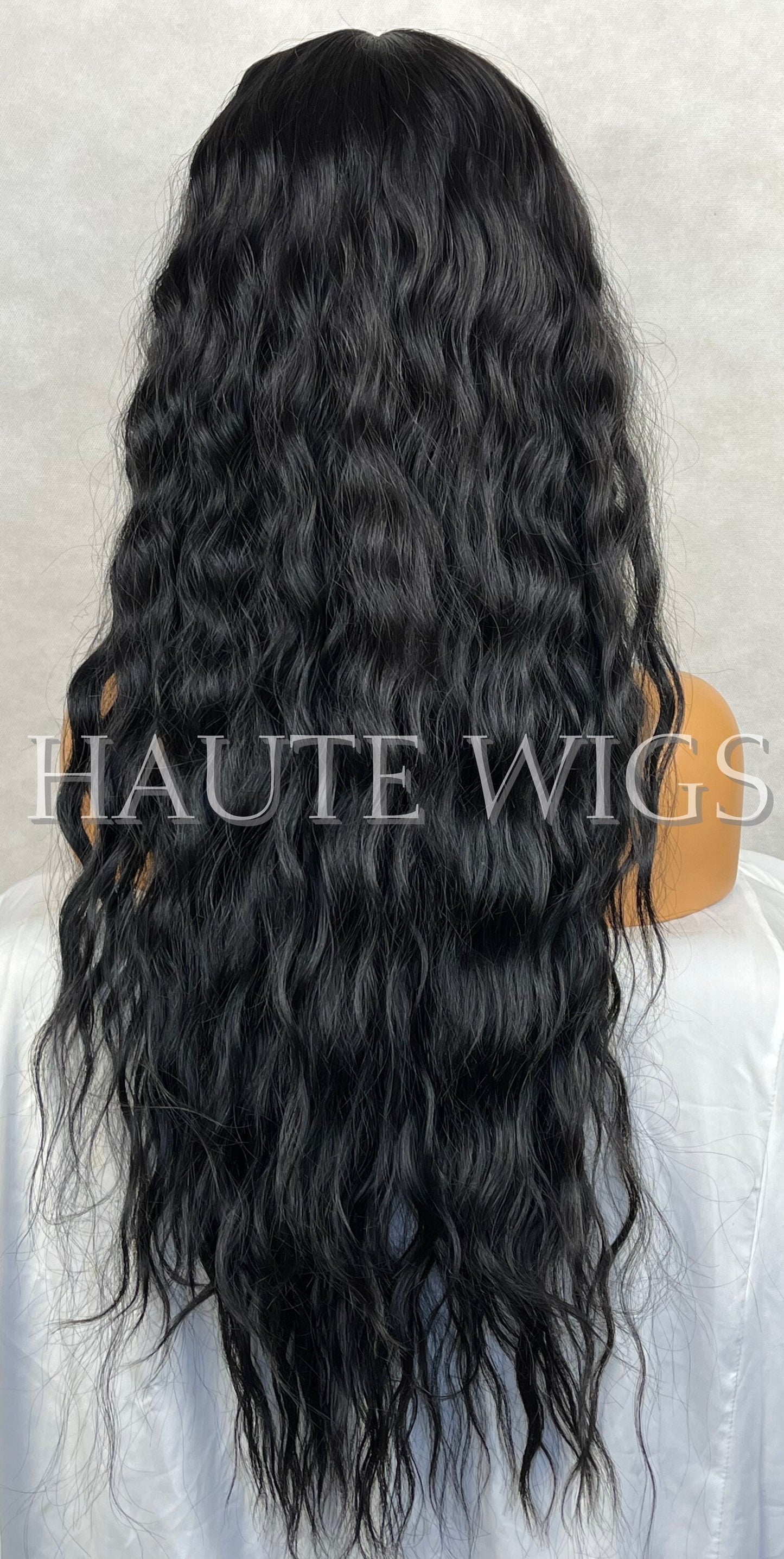 28 Inch Jet Black Curly Wavy Water Waves Wig Lace Front Perm Human Hair Blends Gift For Her Realistic Ladies Womens Wig